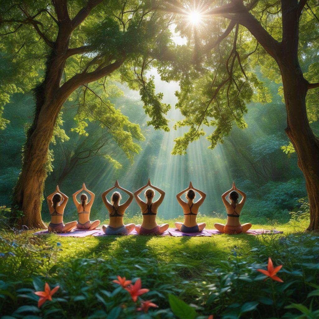 A serene natural setting showcasing a group of diverse individuals practicing naked yoga among lush greenery, with sunlight filtering through trees. Incorporate elements of freedom, such as birds flying above and flowers blooming around them. The scene should exude harmony, body positivity, and connection to nature, inviting viewers to embrace their individuality. vibrant colors. super-realistic.