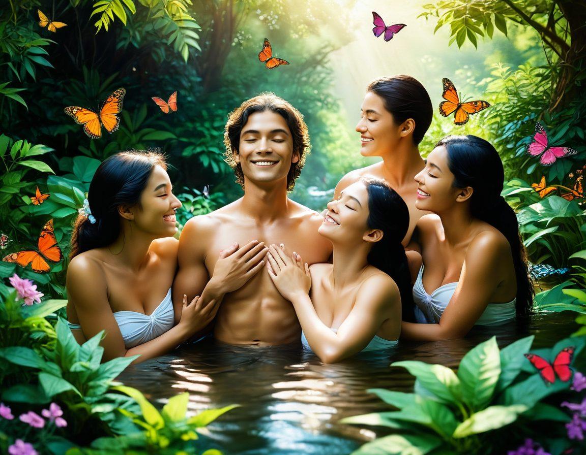 A serene scene of a diverse group of people enjoying nature, confidently embracing their natural bodies without clothing, surrounded by lush greenery and soft sunlight. The atmosphere conveys freedom and self-acceptance, with joyful expressions on their faces. Incorporate elements like flowers, butterflies, and flowing water to symbolize rejuvenation and harmony. super-realistic. warm colors. soft focus.